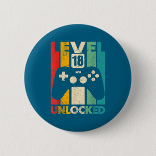 Level 18 unlocked 18th birthday video game retro 6 cm round badge