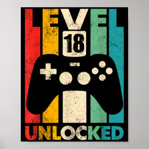 Level 18 unlocked 18th birthday video game retro poster