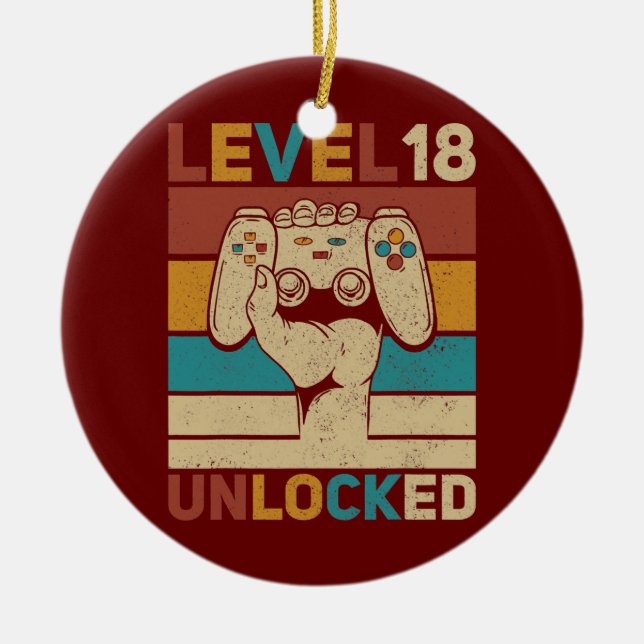 Level 18 Year Old Unlocked 18th Birthday Gamer Ceramic Tree Decoration (Front)