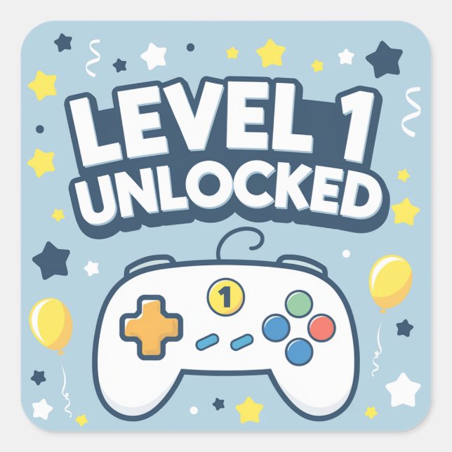 Level 1 Unlocked – First Birthday Gaming Square Sticker (Front)