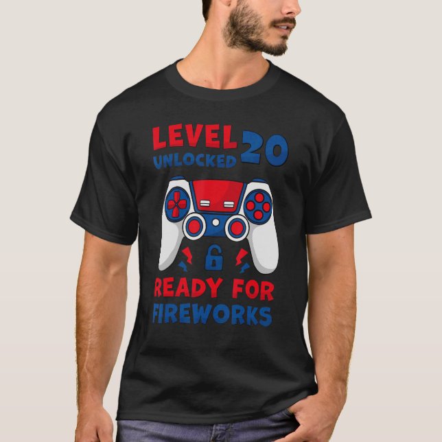 Level 20 Unlocked 20th Birthday Game 4th Of July B T-Shirt (Front)