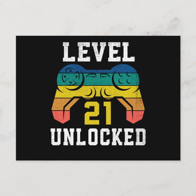 Level 21 Unlocked, 21st Gamer Birthday Distressed Postcard (Front)
