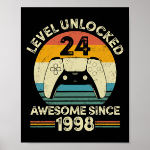 Level 24 Unlocked Awesome 1998 Video Gamer 24th Bi Poster