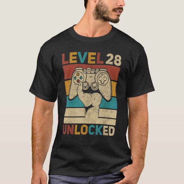 Level 28 Unlocked 28th Birthday 28 Years Old Gamer T-Shirt (Front)