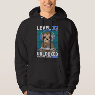 Level 33 Unlocked Sloth Video Gamer 33rd Birthday Hoodie