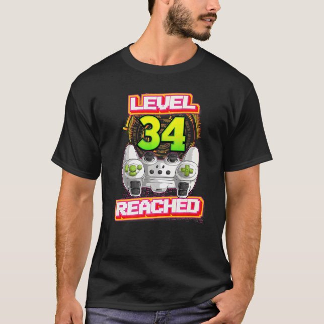 Level 34 Reached Gamer 34th Birthday Video Gaming  T-Shirt (Front)
