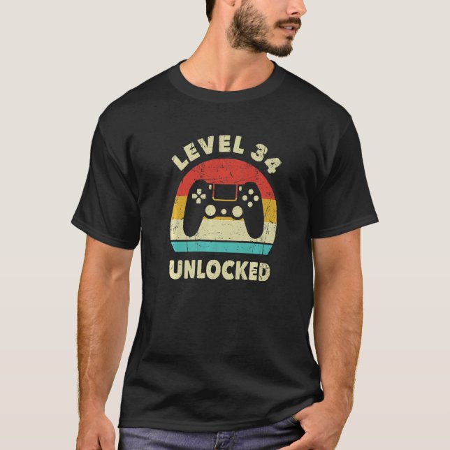 Level 34 Unlocked Video Gamer 34th Birthday Decora T-Shirt (Front)