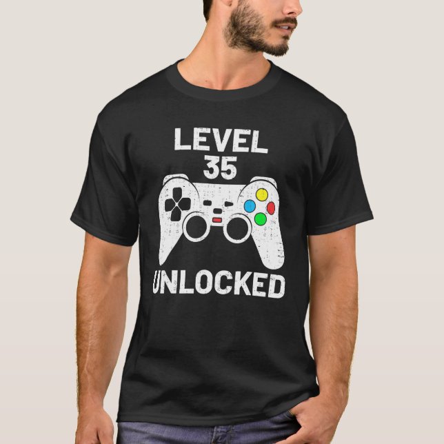 Level 35 Unlocked Funny Video Gamer Gamepad 35th T-Shirt (Front)