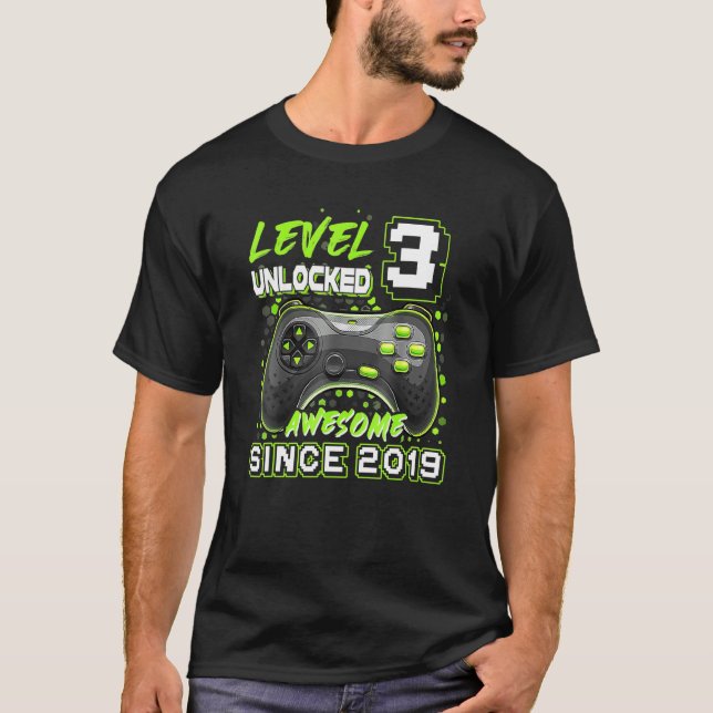 Level 3 Unlocked Awesome Since 2019 3rd Birthday B T-Shirt (Front)