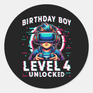 Level 4 Unlocked 4 Years Old Birthday Gamer Funny  Classic Round Sticker