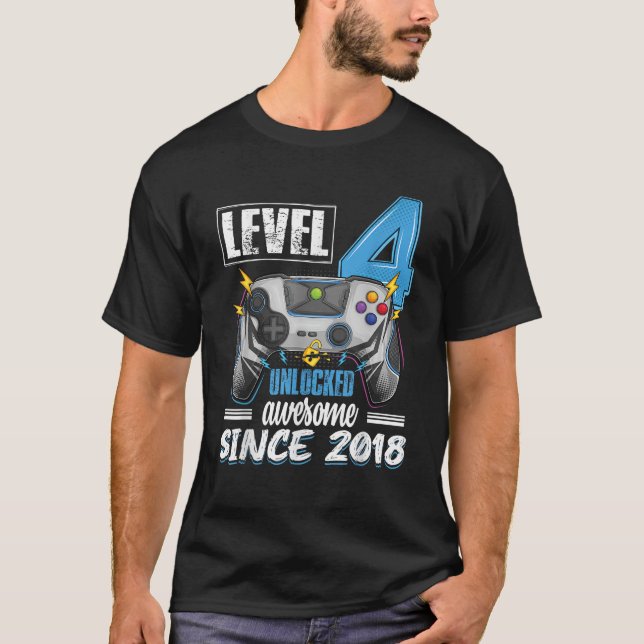 Level 4 Unlocked awesome 2018 4th birthday boy vid T-Shirt (Front)