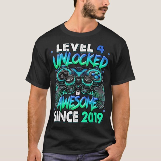 Level 4 Unlocked Awesome Since 2019 4th Birthday G T-Shirt (Front)