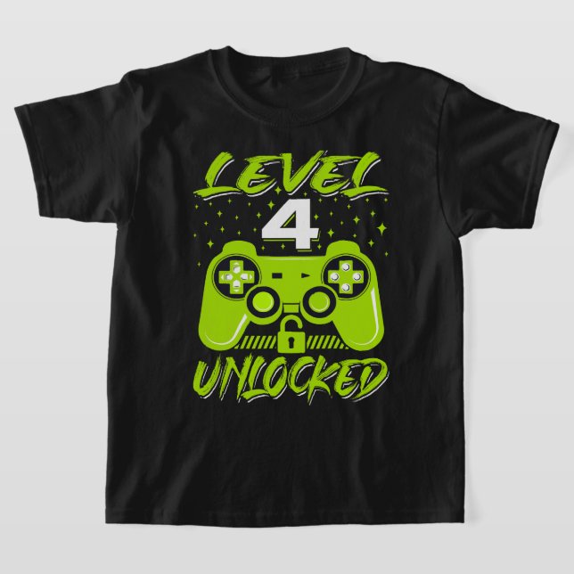 Level 4 Unlocked Video Game 4th Birthday Gamer Gif T-Shirt (Laydown)