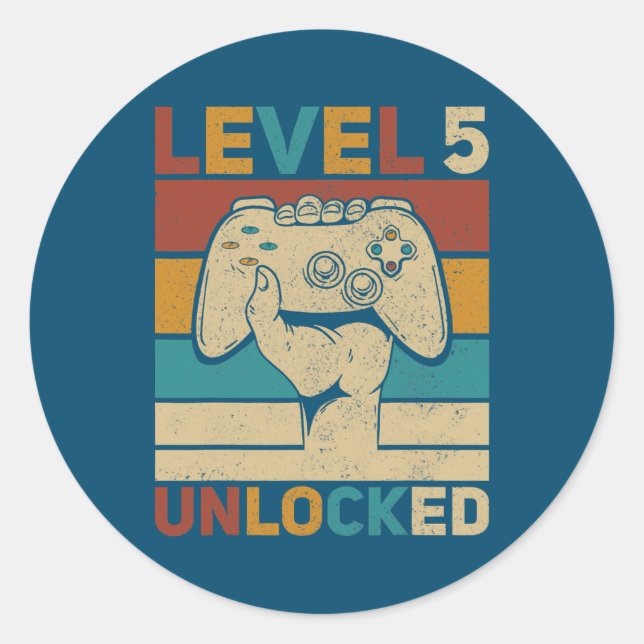 Level 5 Unlocked 5th Birthday 5 Year Old Gamer Classic Round Sticker (Front)