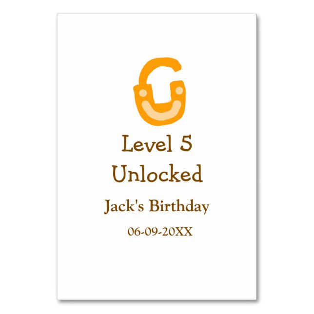 Level 5 unlocked lock orange brown happy birthday  table number (Front)