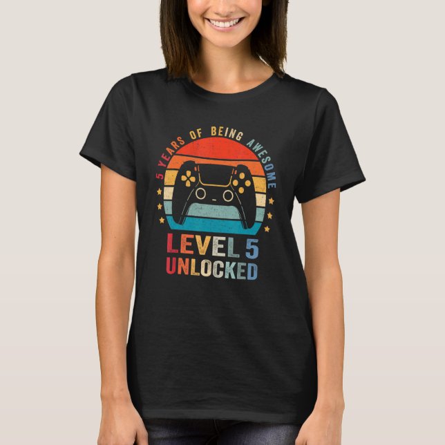 Level 5 Unlocked   Video Gamer 5th Birthday T-Shirt (Front)