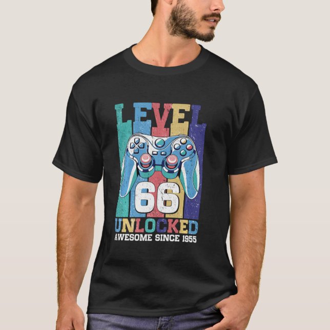 Level 66 Unlocked Video Game Funny 66th Birthday G T-Shirt (Front)