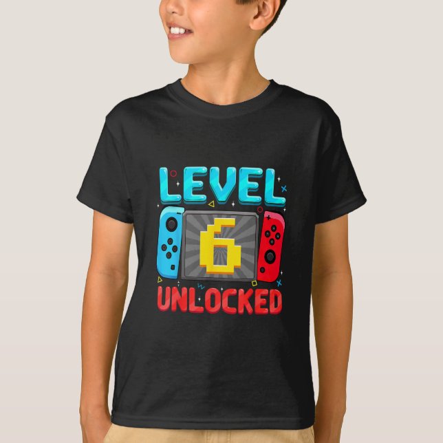 Level 6 Unlocked 6th Birthday Boy Gamer Six Year O T-Shirt (Front)