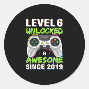 Level 6 Unlocked Awesome Since 6th Birthday Gaming Classic Round Sticker