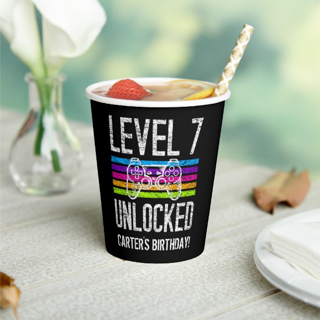 Level 7 Unlocked 7th Birthday Personalised Gamer Paper Cups (Insitu)