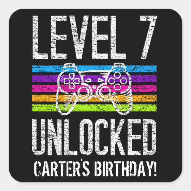 Level 7 Unlocked 7th Birthday Personalised Gamer Square Sticker (Front)