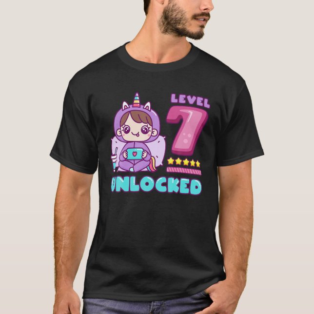 Level 7 Unlocked, Unicorn Gamer Girl Birthday 7 T-Shirt (Front)