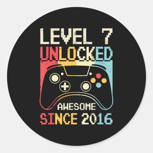 Level 7 Unlocked Video Game 7th Birthday Gamer Boy Classic Round Sticker (Front)