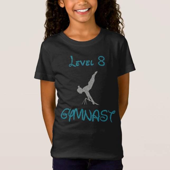 Level 8 Gymnast Fancy Font Glitter T-Shirt (Front)