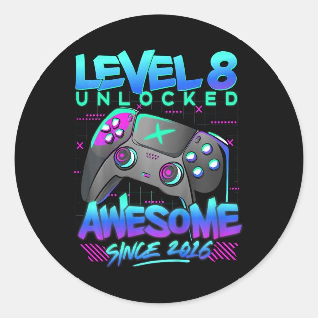 Level 8 Unlocked 8 Years Old Boy Birthday Gift 8th Classic Round Sticker (Front)