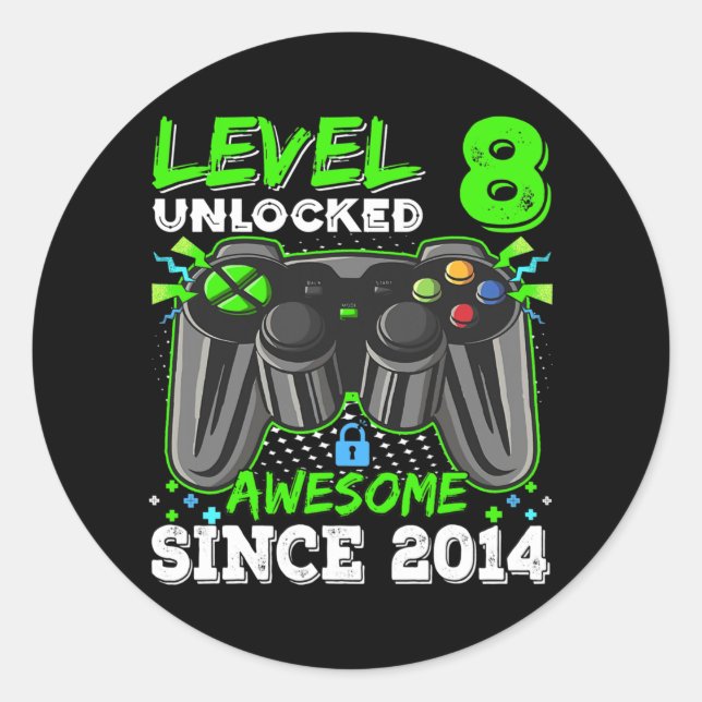 Level 8 Unlocked Awesome 2014 Video Game 8th Classic Round Sticker (Front)