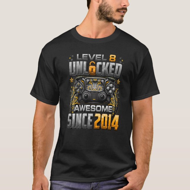 Level 8 Unlocked Awesome Since 2014 8th Birthday G T-Shirt (Front)