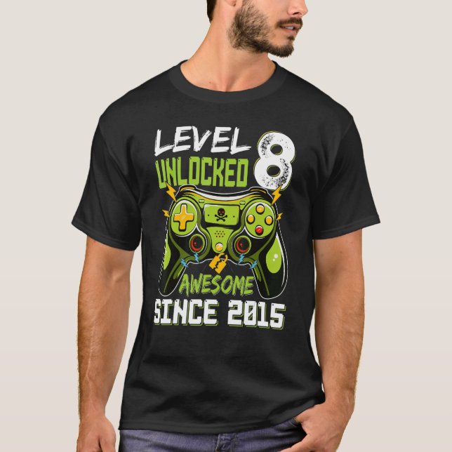 Level 8 Unlocked Awesome Since 2015 8th Birthday G T-Shirt (Front)