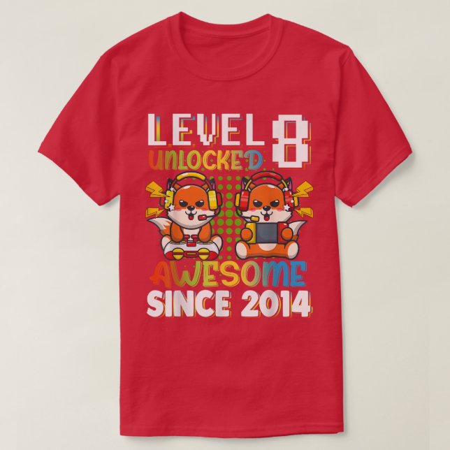 Level 8 Unlocked Cute Fo Gaming Video Game 8th Bir T-Shirt (Design Front)