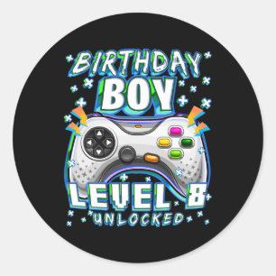 Level 8 Unlocked Video Game 8th Birthday Gamer Boy Classic Round Sticker