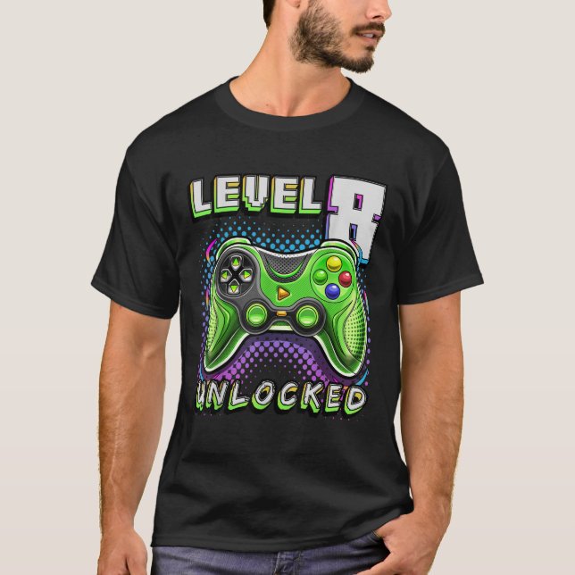 Level 8 Unlocked Video Game 8th Birthday Gamer Boy T-Shirt (Front)