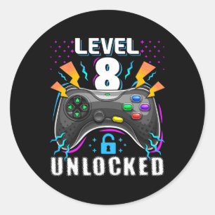 Level 8 Unlocked Video Game 8th Birthday Gamer Gif Classic Round Sticker