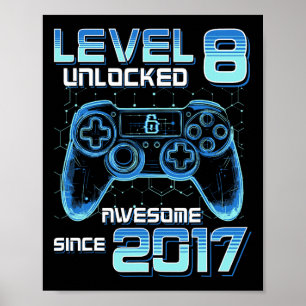 Level 8 Unlocked Video Game Party 8th Birthday Gam Poster