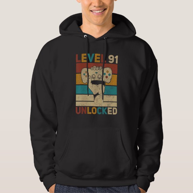 Level 91 Unlocked 91st Birthday 91 Years Old Gamer Hoodie (Front)