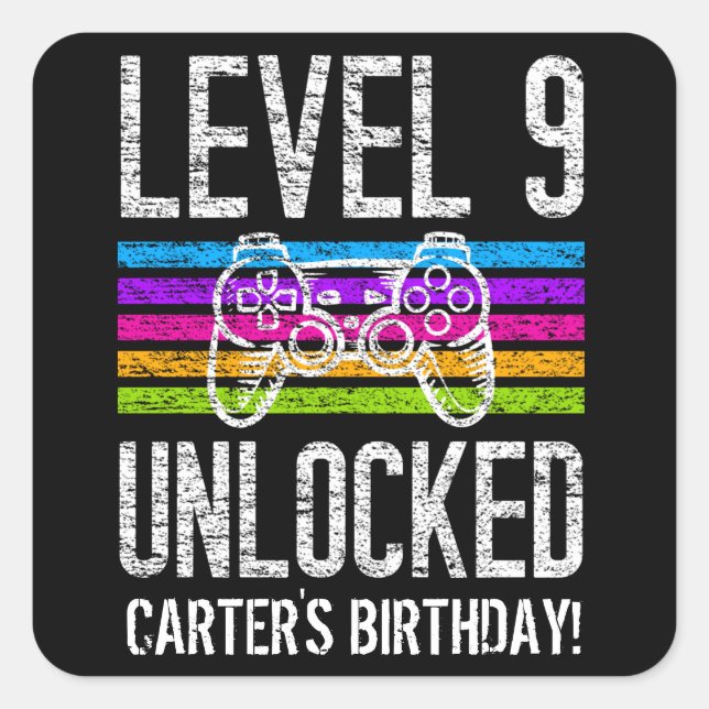 Level 9 Unlocked 9th Birthday Personalised Gamer Square Sticker (Front)