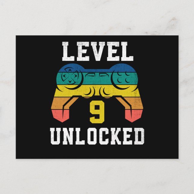 Level 9 Unlocked, 9th Gamer Birthday Distressed Postcard (Front)