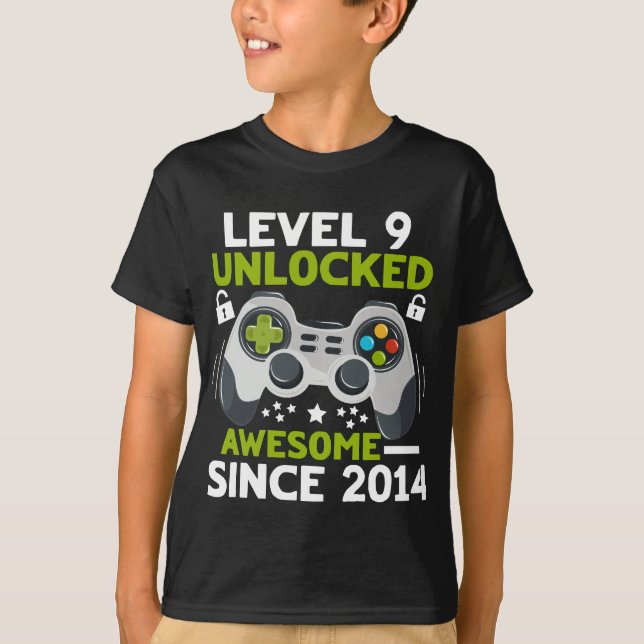 Level 9 Unlocked Cute 2014 Video Game 9th Birthday T-Shirt (Front)