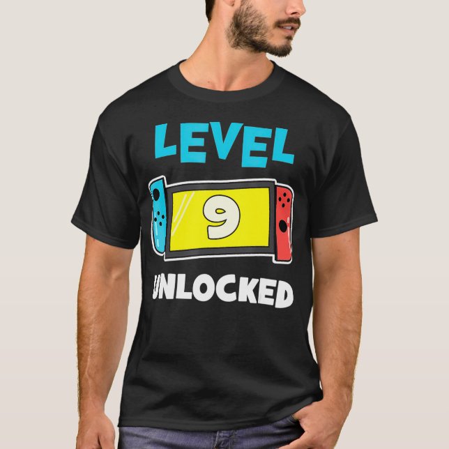 Level 9 unlocked Gamer 9th Birthday Gift Video Gam T-Shirt (Front)