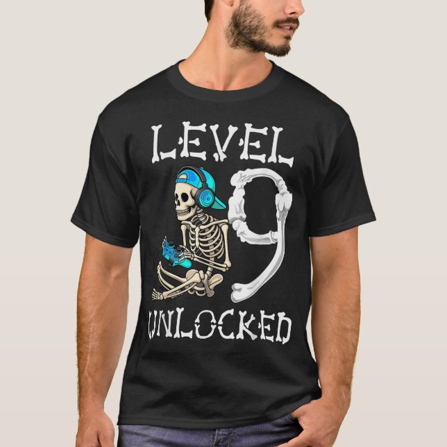 Level 9 Unlocked Skeleton Gamer Video Gaming 9Th T-Shirt (Front)
