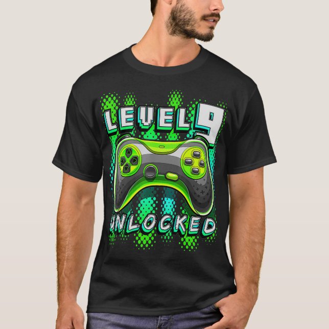 Level 9 Unlocked Video Game 9th Birthday Gamer Boy T-Shirt (Front)