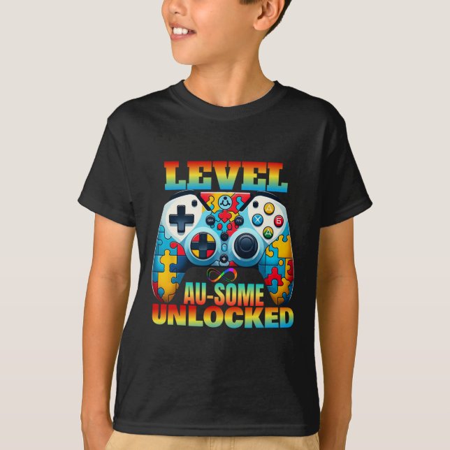 Level Au-some Unlocked Video Game Controller Autis T-Shirt (Front)