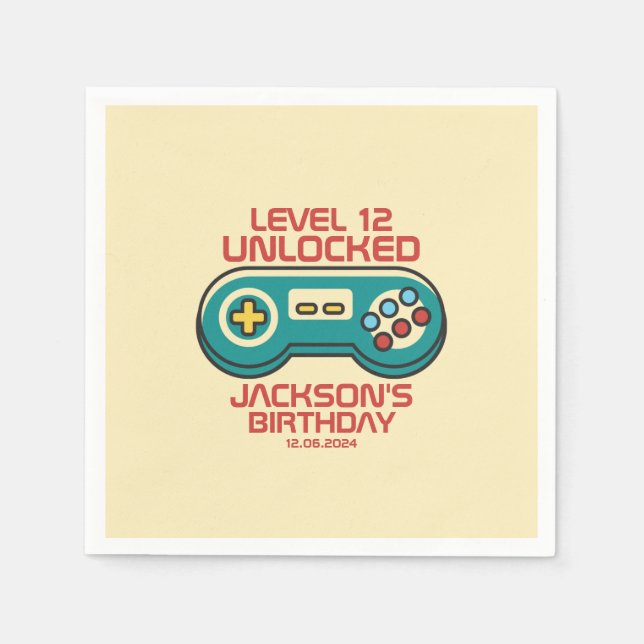 Level Unlocked Retro Gamer Boy Teen Birthday Party Napkin (Front)