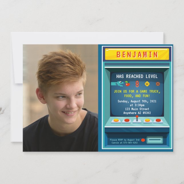 Level Up Arcade Game Picture Birthday Party Invitation (Front)