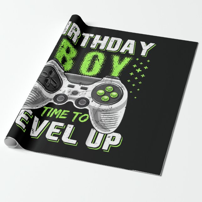 Level Up Birthday Boy Video Game Wrapping Paper (Unrolled)