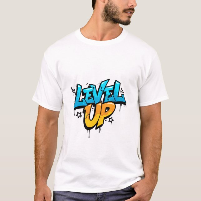 Level Up Blue Orange 3D Graffiti Gaming T-Shirt (Front)