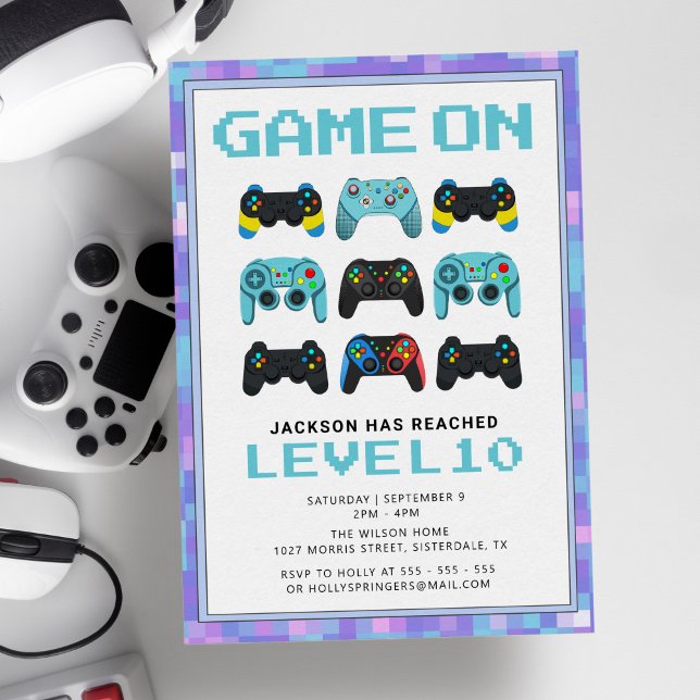 Level Up Colourful Pixels Video Game Boy Birthday Invitation (Creator Uploaded)